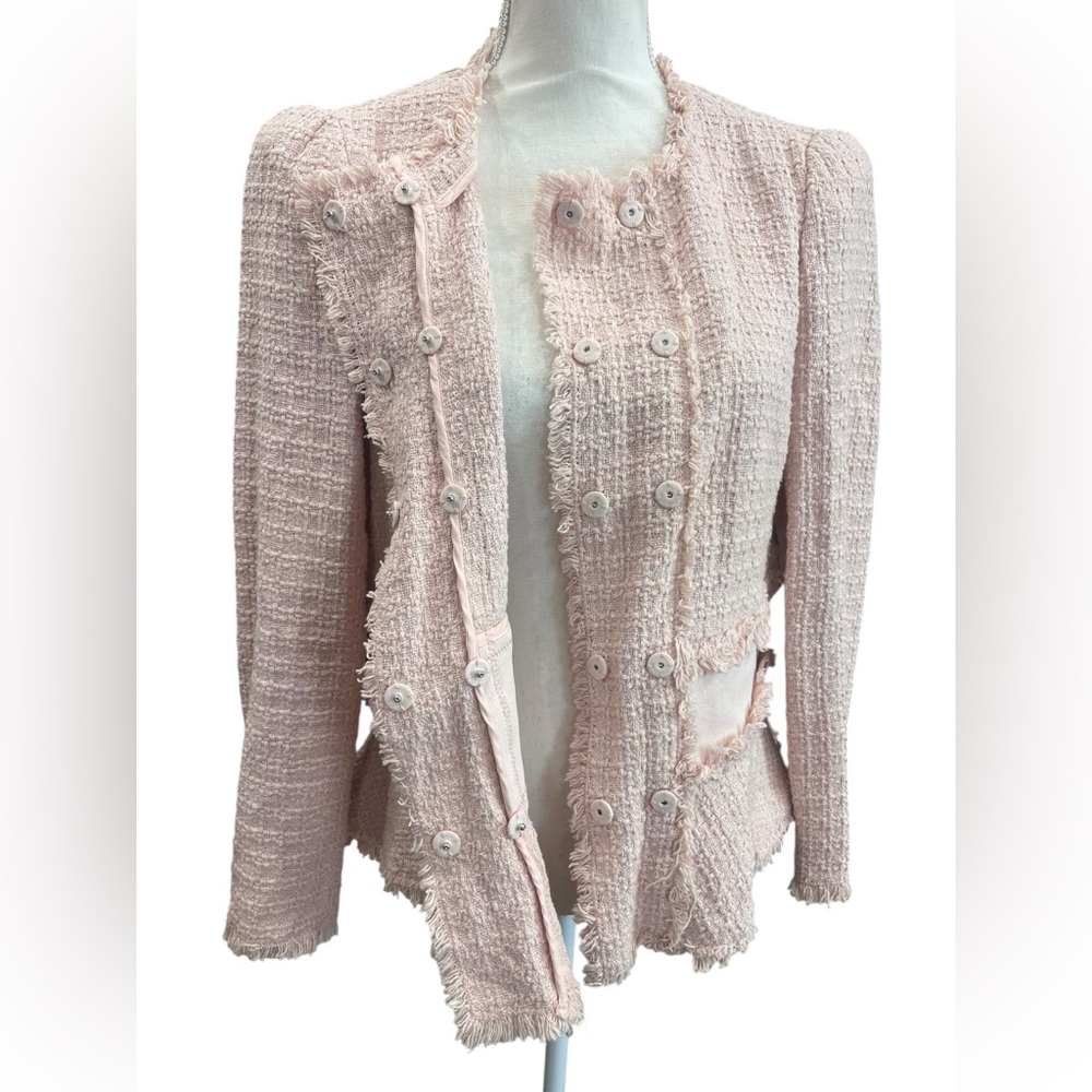 Rebecca Taylor Pink Bouclé Tweed Peplum Blazer Fringe Jacket Women’s 10 - Picture 8 of 13
